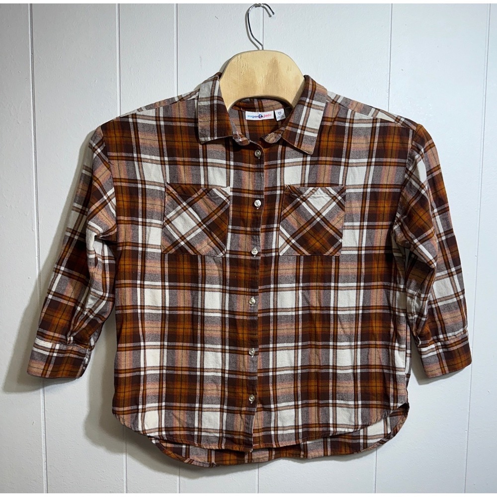 Sugar & Jade‎ Girls XXL 20/22 Brown Plaid Flannel Button Down Shirt 100% Cotton